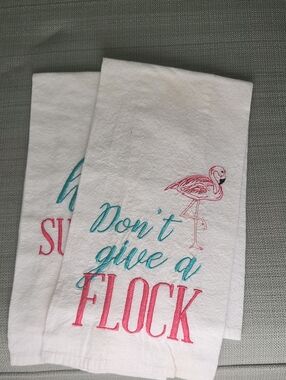 Two Kitchen Towels, "Don't Give a Flock" White Embroidered Kitchen Towel